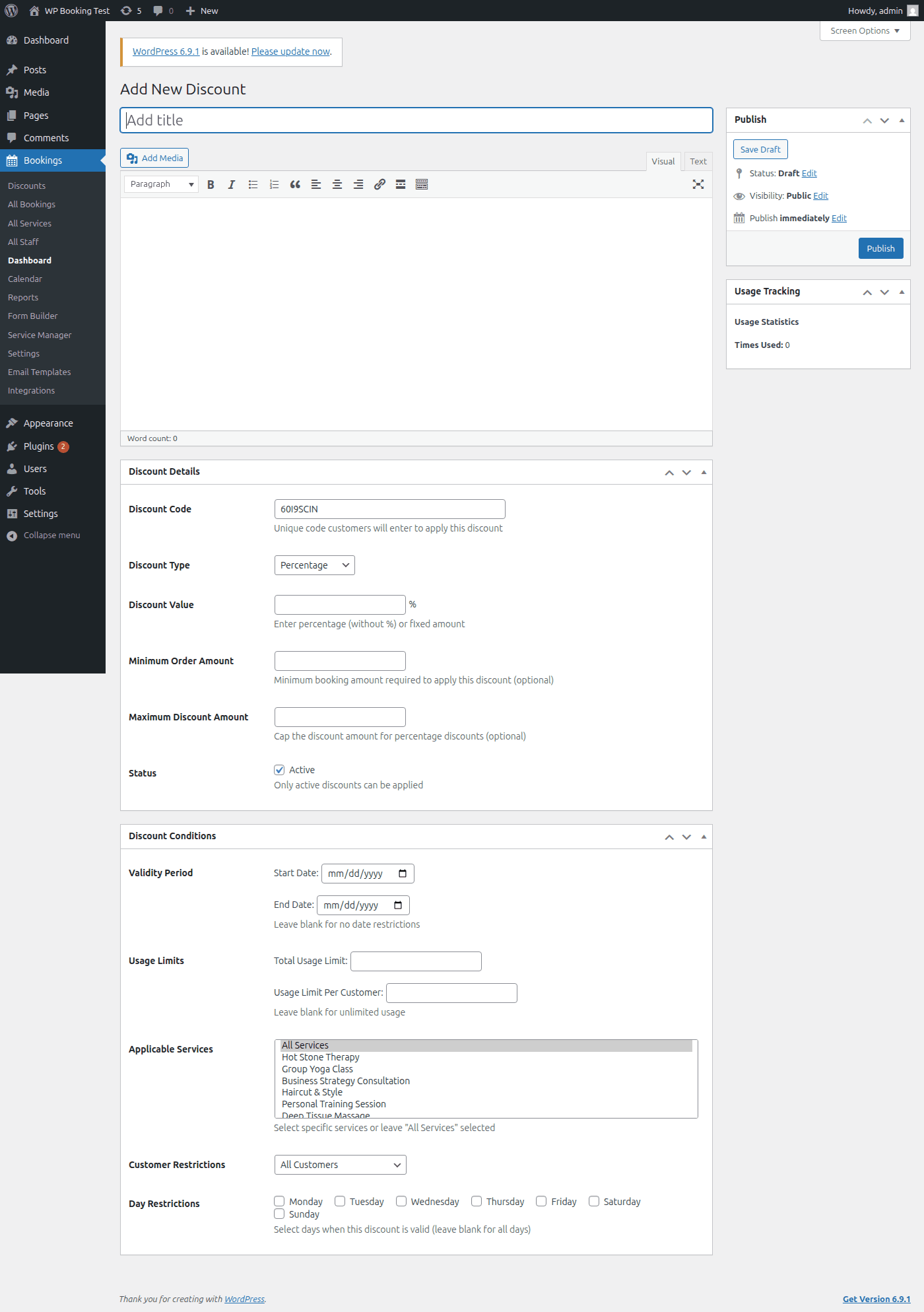 Add New Coupon form showing fields for coupon code, discount type, amount, minimum booking amount, maximum discount cap, date range, service and staff restrictions, customer emails, and usage limits