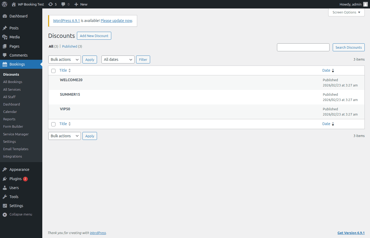 Coupons list view showing WELCOME20, SUMMER15, and VIP50 coupon codes with their discount types, statuses, and usage counts