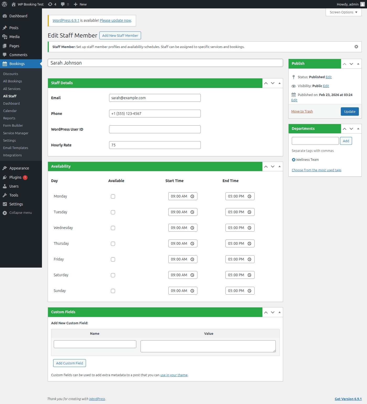 Staff editing form showing the weekly availability calendar with per-day checkboxes, start times, and end times