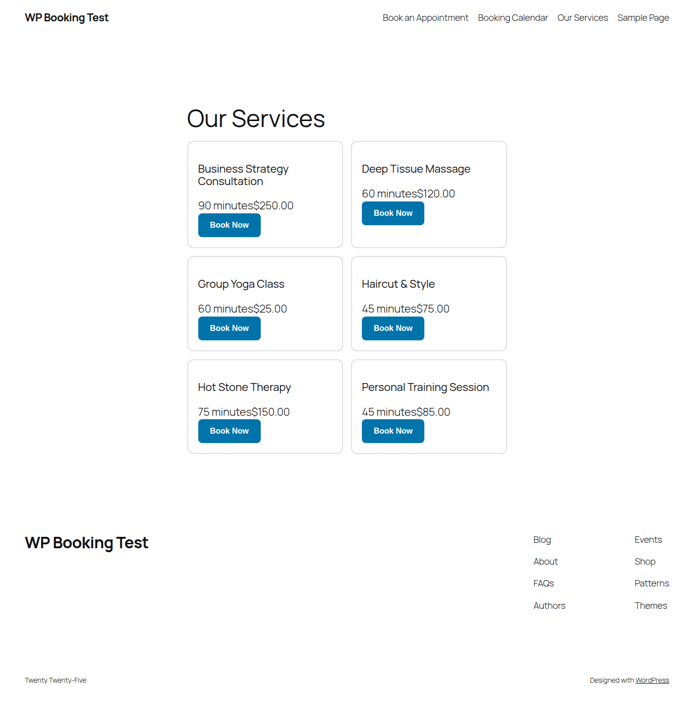 Services listing grid displayed on the frontend with booking buttons