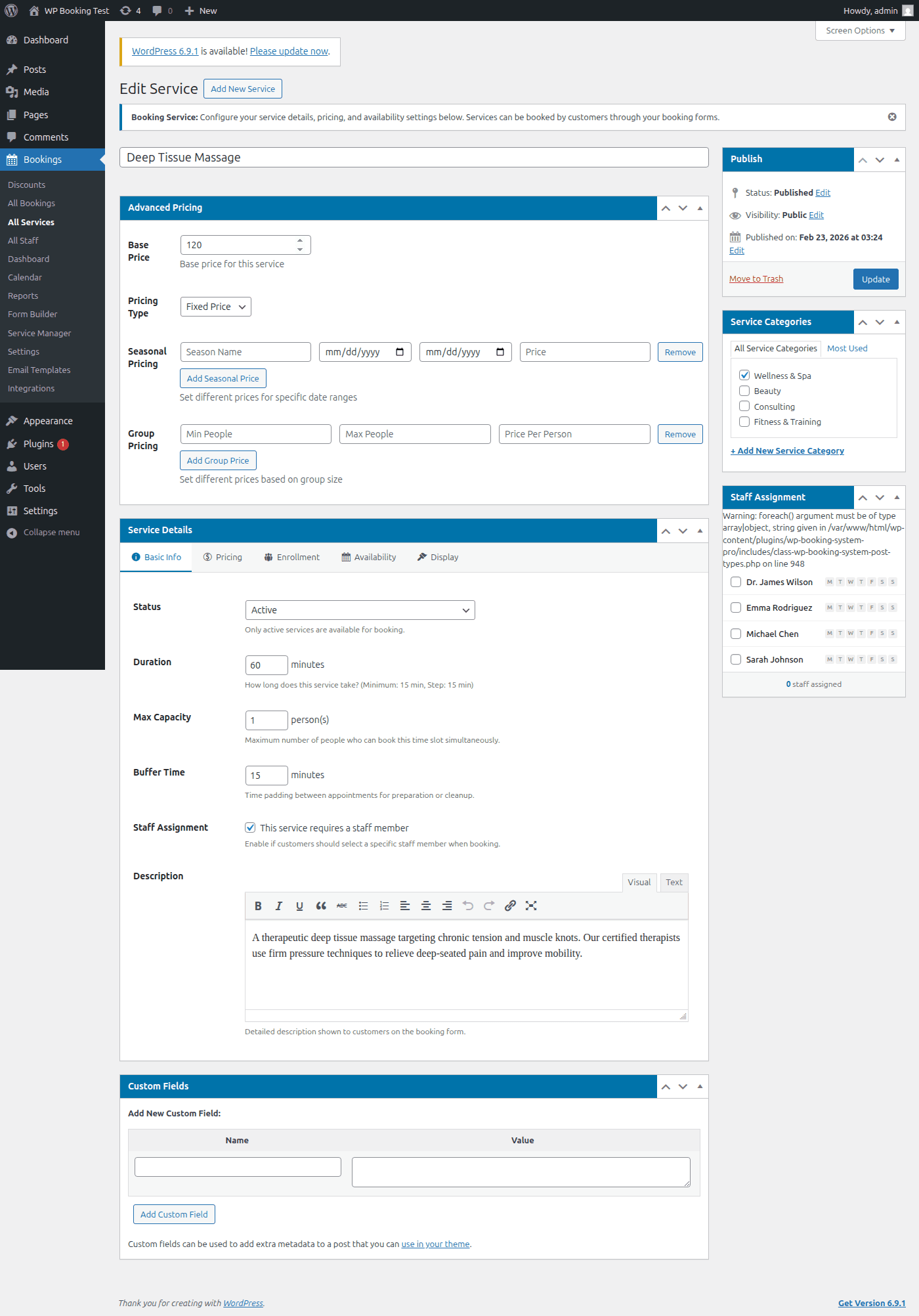 Full service editing screen in WP Booking System Pro showing all meta boxes including pricing, staff, enrollment, and display settings