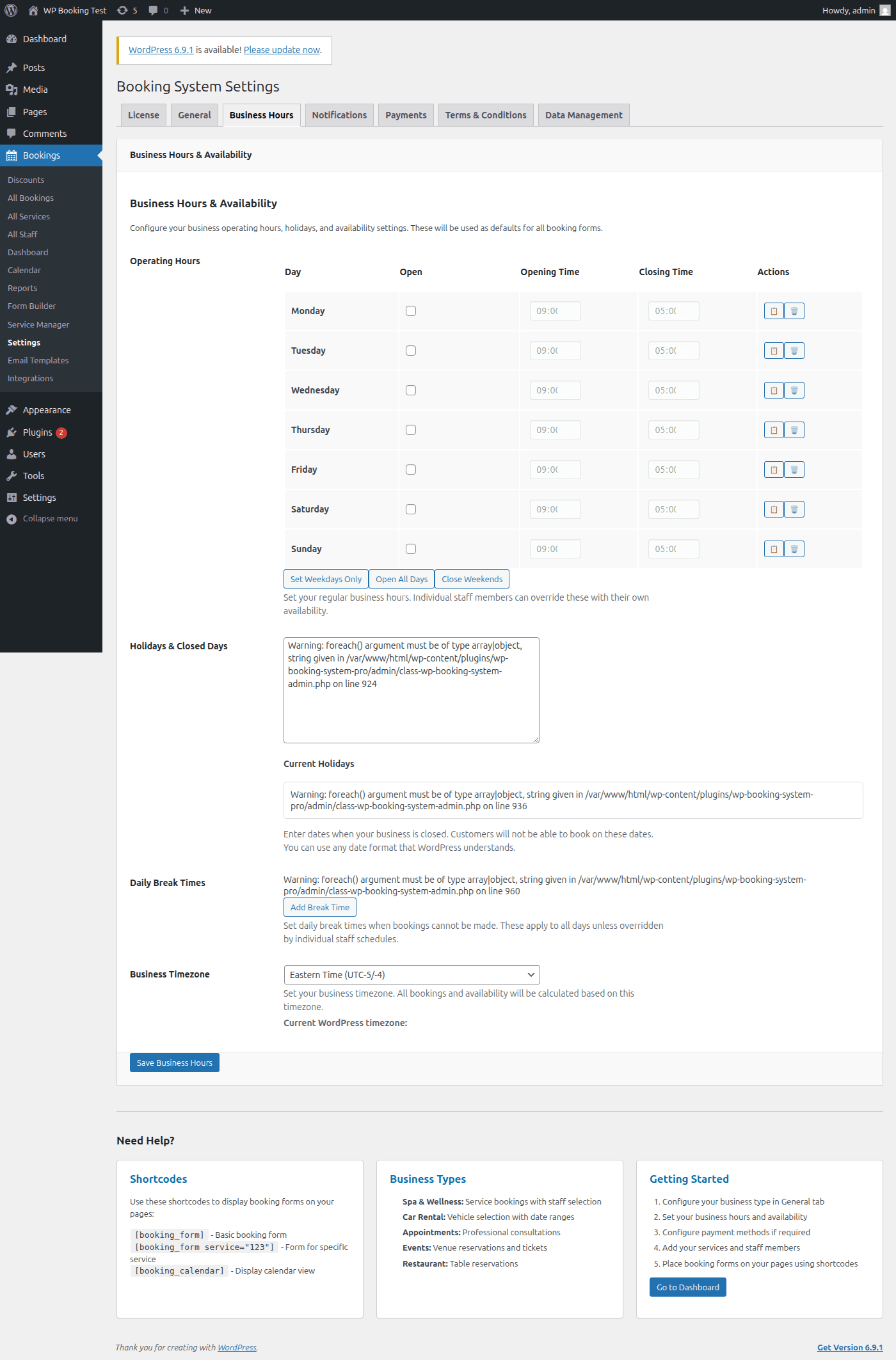 Business hours settings showing per-day toggles, opening and closing times, holidays, and break times