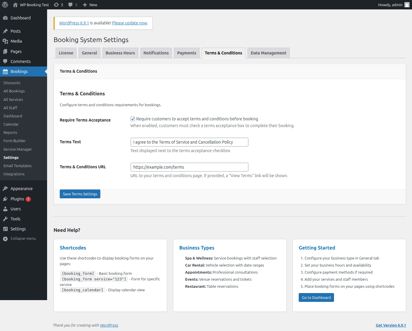 Terms and conditions settings with require acceptance checkbox, terms text, and terms URL fields