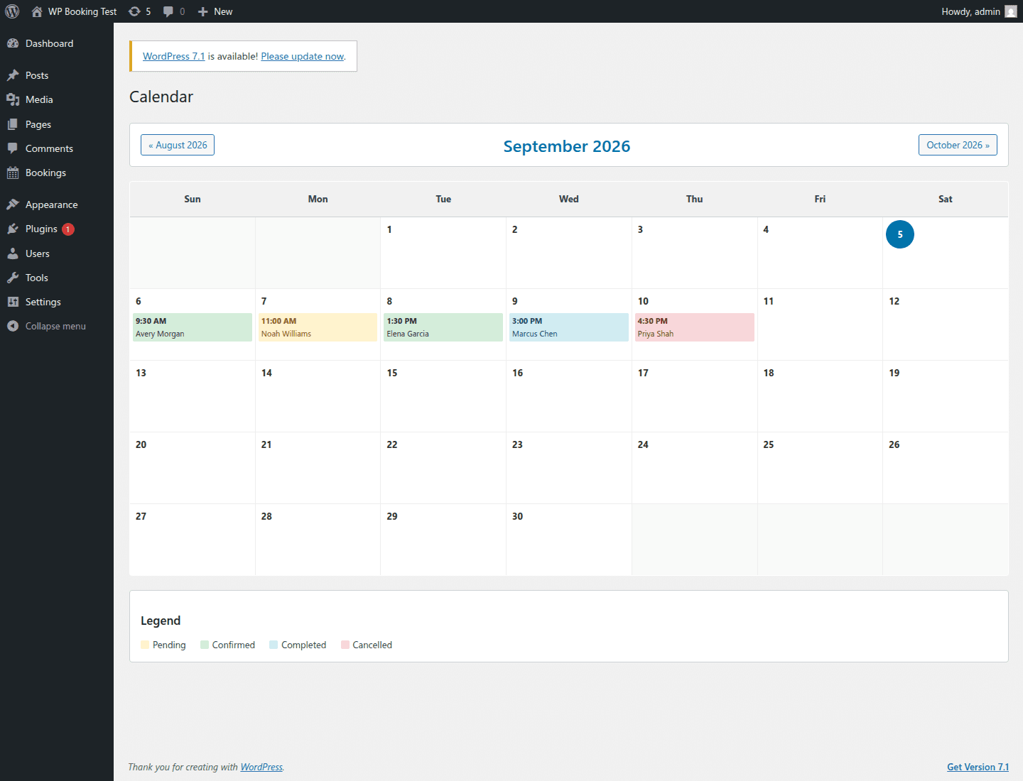 Illustrative WP Booking Pro calendar with sample appointments