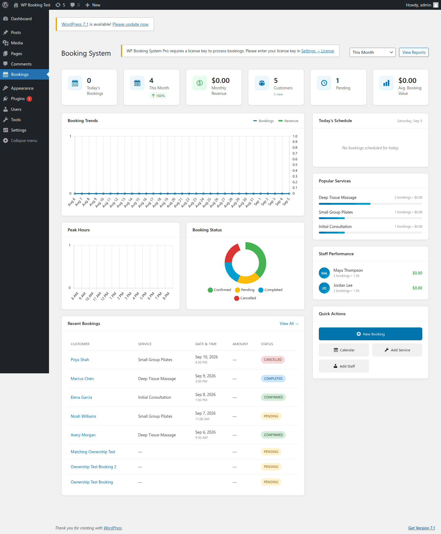 Illustrative WP Booking Pro dashboard with sample bookings