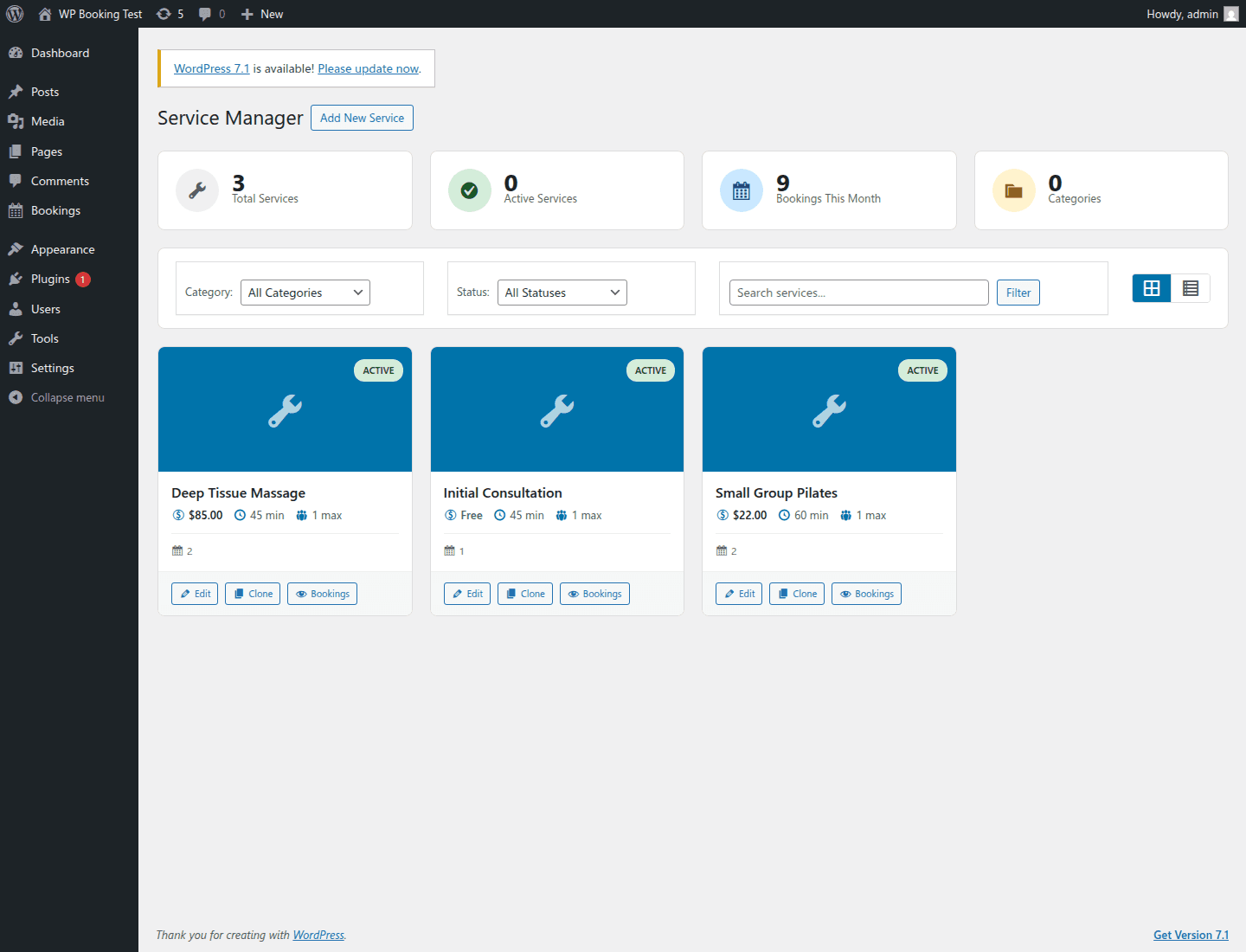 Illustrative WP Booking Pro service manager with sample services